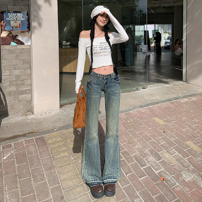 Vintage Micro-La Jeans Women's 2025 New Washed Nostalgic Spice Girls Low Waist Slim-Fit Slimming Horn Mop Pants