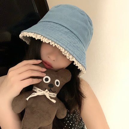 Cute Fisherman Hat Lace Denim Sunscreen Basin Hat Sense Sunshade College Style Face Small Bucket Hat Women