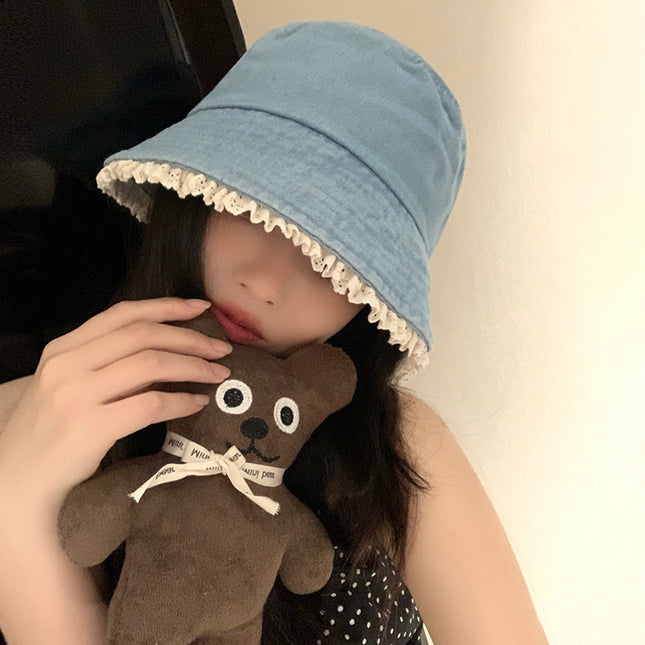 Cute Fisherman Hat Lace Denim Sunscreen Basin Hat Sense Sunshade College Style Face Small Bucket Hat Women