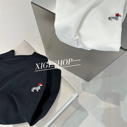 Korean Style Fun Cartoon Dog Embroidered White Base Shirt Women's Loose All-match Sanding Crew Neck Long Sleeve T-shirt Autumn and Winter