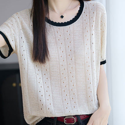 Ice Silk Knitwear Women's 2024 New Korean Style Summer Women's Casual Versatile Cut Out Thin Short-Sleeved T-Shirt Tops