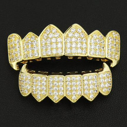 Cross-border 18K electroplated real gold micro-inlaid 4A zircon two-color hip-hop braces for men and women vampire fangs dentures suit