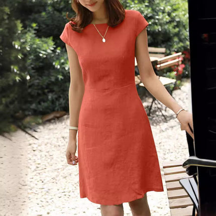 2023 Independent station Amazon new dress back zipper round neck solid color short sleeve cotton linen jumpsuit