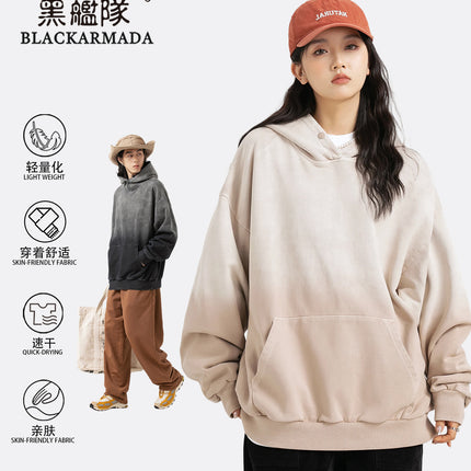 Black Fleet Retro Hoodie, Washed Gradient Dyed Pure Cotton Loose Pullover Couple Style Sweatshirt, Casual and Versatile