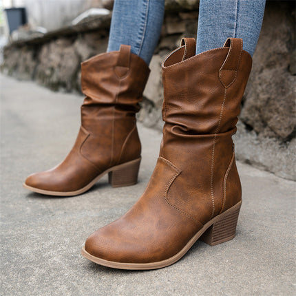 Boots Pleated One-Foot High Heel Mid-Helper Western Cowboy Women's Boots Mid-Helper Boots Fashion Women's Boots