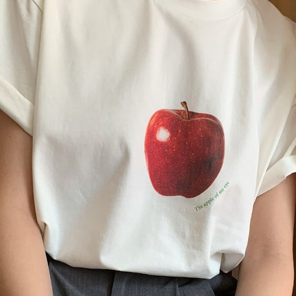Same-Day Delivery, a Apple Printed Short-Sleeved Cotton Collar, French Niche Pure Cotton