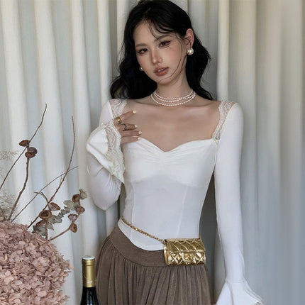 L138TP Solid Color Lace Stitching Long-sleeved French Elegant Slim-fit Short T-shirt Lotus-sleeved 2024 Autumn Women's Top