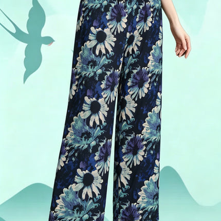 Foreign Trade Plus Size Middle-aged and Elderly Summer Thin Breathable Nine-point Flower Pants Mom Pants Ice Silk Loose Straight Pants
