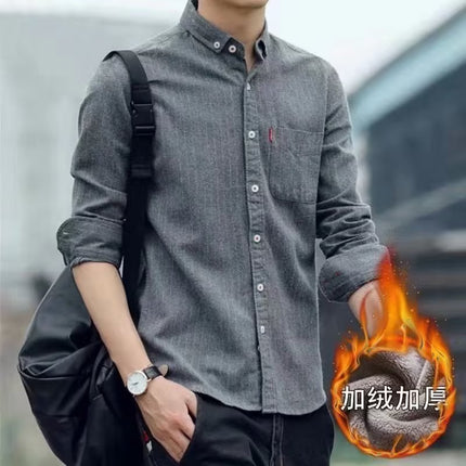 Shirt Men's Long-sleeved fleece-lined Thickened Korean Style Slim-fit Striped Scrub Men's Shirt Autumn Casual Trendy Coat