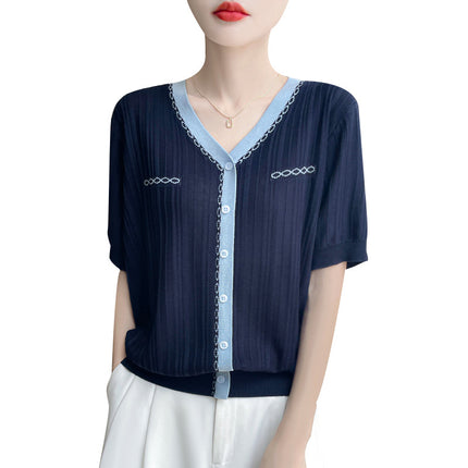 Tweed Style Contrasting Color Short-Sleeved T-Shirt Women's Niche Thin V Neck Half-Sleeved 2025 Summer New Knitted Women's Top