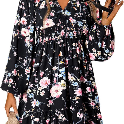 2025 Bohemian Floral V-Neck Long Sleeve Pleated Waist Casual A- Line Skirt with Swing Mini dress