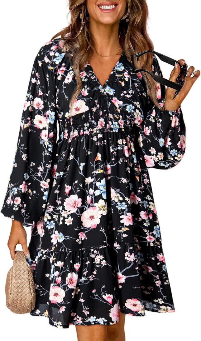 2025 Bohemian Floral V-Neck Long Sleeve Pleated Waist Casual A- Line Skirt with Swing Mini dress