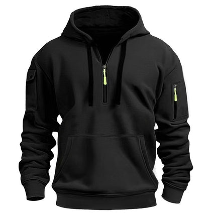 Men's Casual Pullover Sweatshirt with Multiple Zipper Arm Pockets for Autumn and Winter, Large Size, Fleece-Lined Hoodie for Men