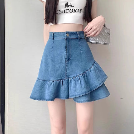 Summer Versatile 2024 A-Line Fishtail Short Denim Skirt New Ruffled High-Waisted Slimming Bodycon Women's Skirt