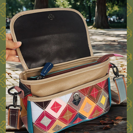 European and American Fashion Women's Bags, New Style Cowhide Women's Bags, Colorful Rhombus Stitching Genuine Leather Shoulder Crossbody Bag, Casual and Versatile