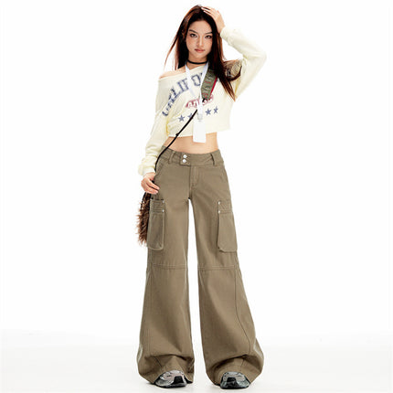 Raccoon House # European and American Cross-Border Low-Waist Slightly Spicy Beaded Double-Button Work Jeans for Hot Girls with Drapey Floor-Length Bell-Bottom Pants