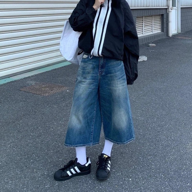 American High Street Retro Straight-Leg Jeans for Women Trendy Versatile Oversized Loose Vintage Cropped Wide-Leg Pants