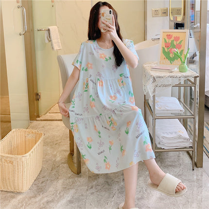 Cotton Silk Nightgown for Women, Summer Thin Short-Sleeved Printed Large Size Nightgown, Pregnant Women Can Wear It Outside, Cool Rayon Home Clothes