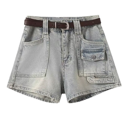 2025 Denim Shorts Women's Summer Loose Niche Design High-Waisted A-Line Workwear Multi-Flap Pocket Pants Women's Super Shorts