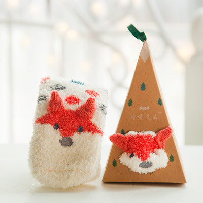 Coral Fleece Japanese-Style Christmas Socks with Embroidered 3D Cartoon Design, Boxed Floor Socks, Half Fleece Socks for Women