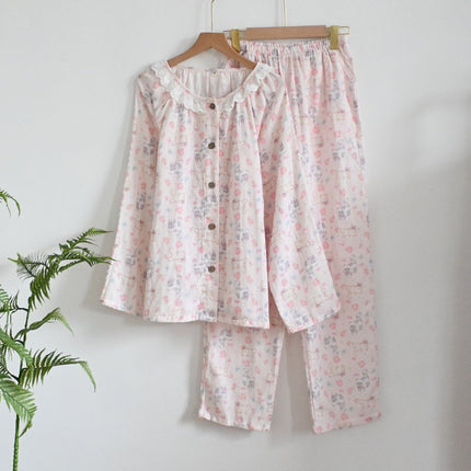 Spring and Autumn Cotton Double-layer Yarn Crewneck Llace Collar Women's Long Sleeve suit Home Clothes Soft and Sweet Outer Wear