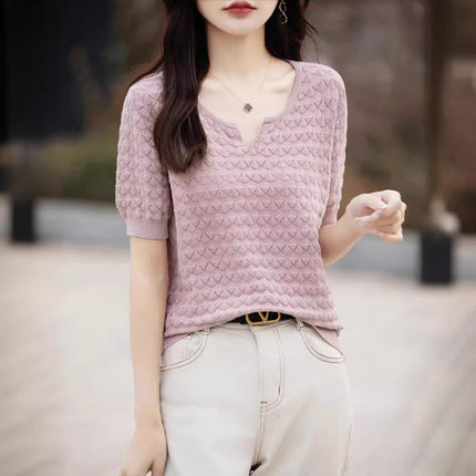 Pure Cotton Knitted Short-Sleeved Women's Spring and Summer New Elegant Half-Sleeved Cut Out Loose Fashion Pure Color T-Shirt Top