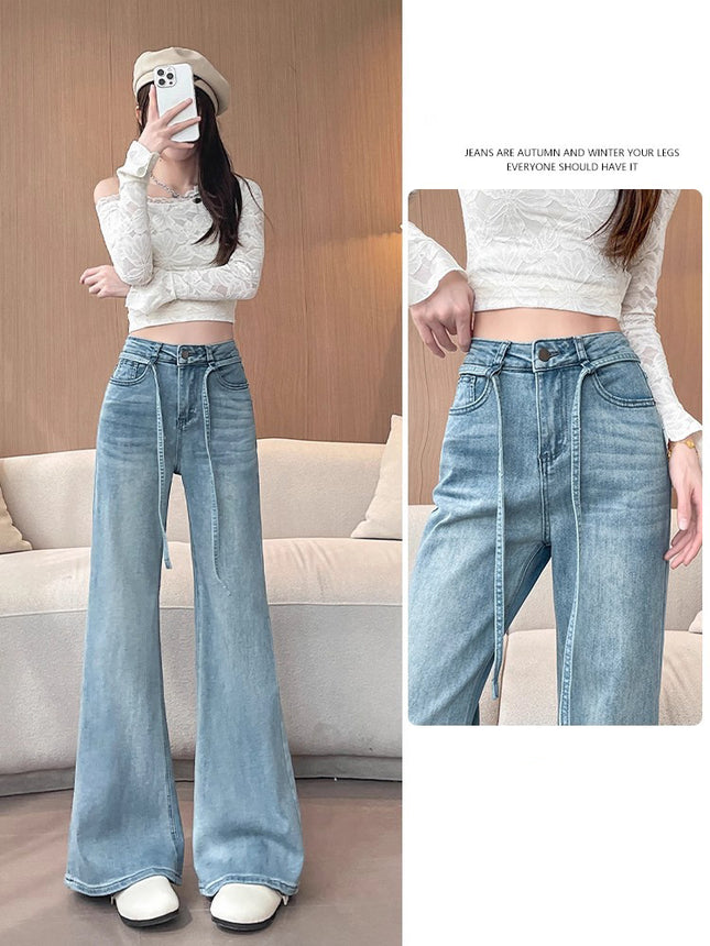 Drawstring Strap Non-Stick Leg Bootcut Jeans for Women 2025 New Summer Wear Loose Slimming Look Wide Legs for Small People