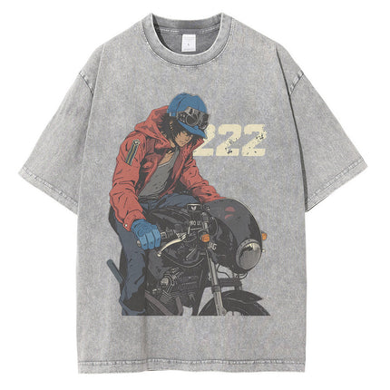 Heavyweight Cotton Washed t Shirt Anime Character Motorcycle