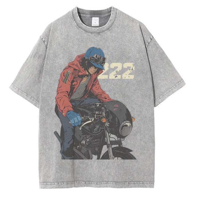 Heavyweight Cotton Washed t Shirt Anime Character Motorcycle