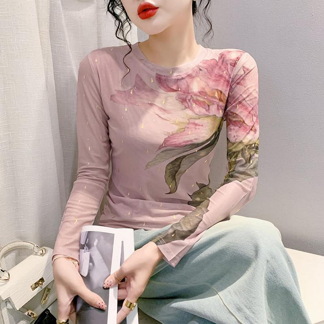 Light luxury round neck bottoming shirt 2023 autumn new fashion slimming printed long sleeve top versatile small shirt for women