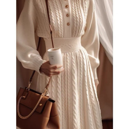 New Stylish White Cable Knit Dress for Women 2025 Autumn and Winter New Trendy Waist-Cinching Slimming Sweater Dress