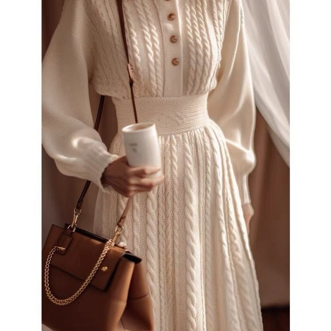 New Stylish White Cable Knit Dress for Women 2025 Autumn and Winter New Trendy Waist-Cinching Slimming Sweater Dress