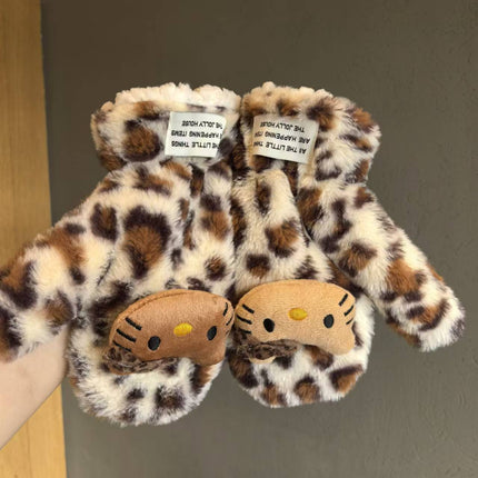 Leopard Print Cat Gloves Women's Winter Plush Gloves Student Cold-Proof Cycling Warm Fleece-Lined Thickeneding 2024 New Style