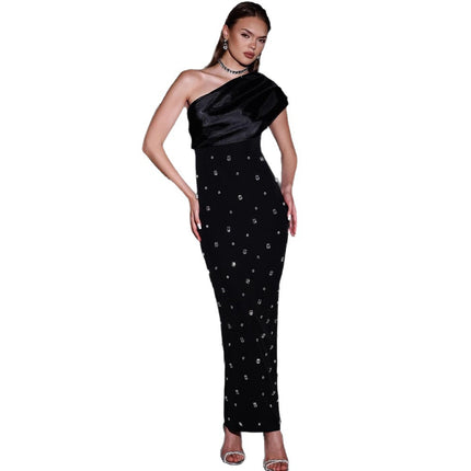 Cross-Border European and American 2025 Spring New Sexy Slanted Shoulder Hot Diamond Gauze Bandage Skirt Celebrity Dinner Dress Dress
