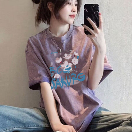 Washed Distressed Pure Cotton Short-Sleeved T-Shirt for Women Ins Trendy Loose Retro Large Size Slim Couple Half-Sleeved Top Summer