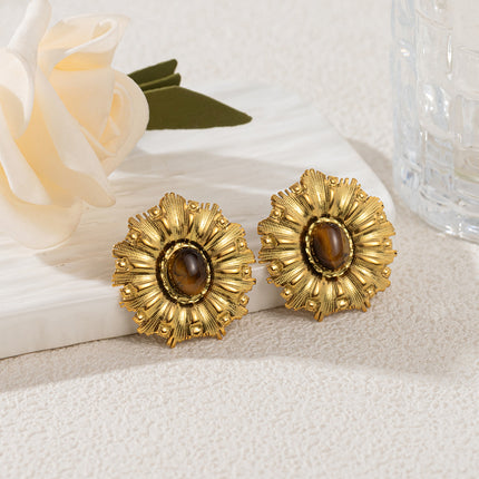 Sunflower stainless steel tiger eye stone female earrings Europe and the United States cross-border titanium steel 18k gold earrings high sense flower earrings