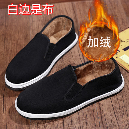 Old Beijing Cloth Shoes Men's Autumn and Winter Breathable Slip-on Canvas fleece-lined Non-slip Work Shoes Black Cotton Shoes for Men