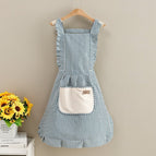 Cotton and linen striped hand pocket princess dress with suspenders [blue