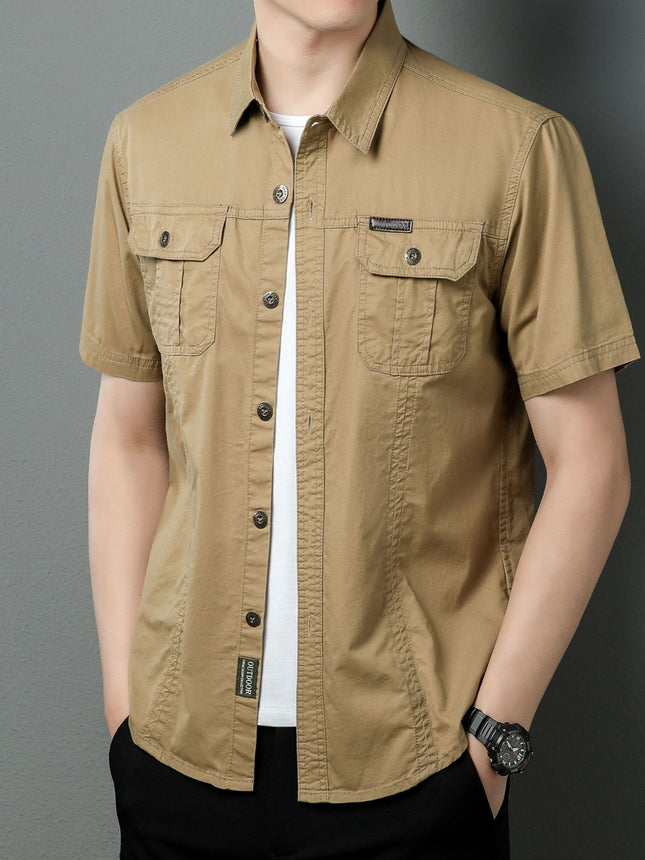 Summer Youth Men's American Style Outdoor Tooling Short-sleeved Shirt Men's Middle-aged plus size Multi-pocket Lag Tooling POLO