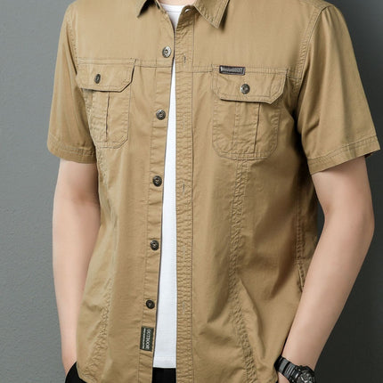 Summer Youth Men's American Style Outdoor Tooling Short-sleeved Shirt Men's Middle-aged plus size Multi-pocket Lag Tooling POLO