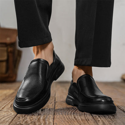 Leather Shoes Men's Summer Business Casual Work Shoes Cut Out Breathable Perforated Soft Leather All Black Pure Cowhide Men's Shoes