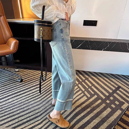 plus size Light Color Straight Jeans Women's Trendy All-match New Explosive High Waist Slimming Loose Cropped Wide Leg Pants