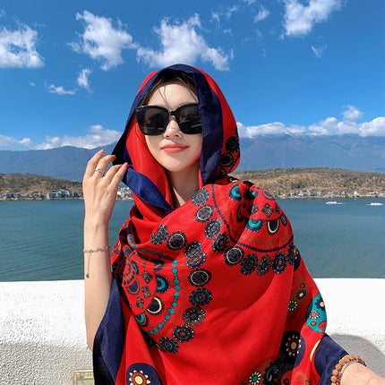 Ethnic Style Scarf, Sun Protection Shawl for Women, Yunnan Qinghai Grassland Travel Wear Silk Scarf, Seaside Beach Towel, Thin Style