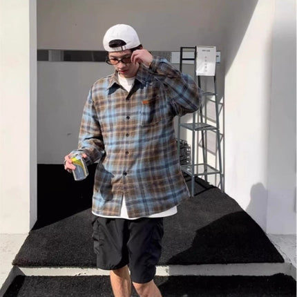 Brushed Plaid Long-Sleeved Shirt for Men, Summer Thin Sun Protection Shirt, Loose Retro American Fashion Brand Couple's Jacket