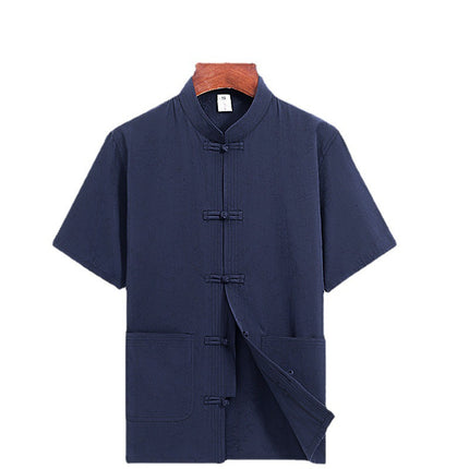 Tang Suit for Men, Summer Outfit for Middle-Aged and Elderly Men, Grandpa's Cotton and Linen Chinese Style Short-Sleeve Set, New Chinese Style