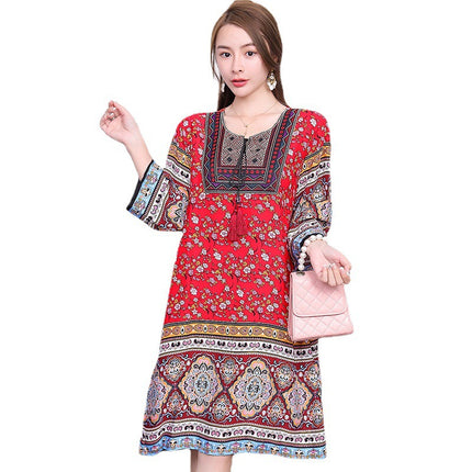 Extra Large Size Ethnic Style Round Neck Three-Quarter Sleeve Dress Loose Embroidered Flower Cotton Silk Travel Beach Skirt for Women