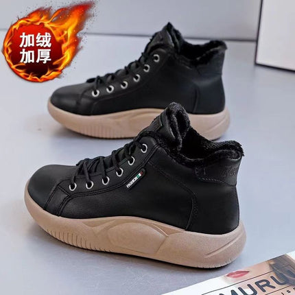 2023 autumn and winter new high-top cotton-padded shoes leather surface fleece-lined thick waterproof platform height increasing sports clunky shoes student shoes