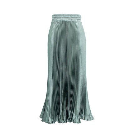 2025 new European and American foreign trade women's satin metallic luster pleated skirt long organ skirt long skirt skirt