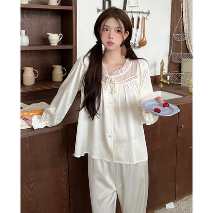 Cream Lace-up French Princess Style Women's Pajamas Spring and Summer Long Sleeve Ice Silk Comfortable Home Clothes suit