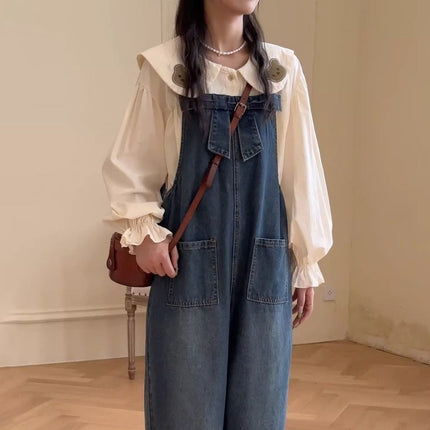 Overalls Suit, a Complete Set of New Autumn Fashion Design Doll Collar Denim Overalls Two-Piece Set